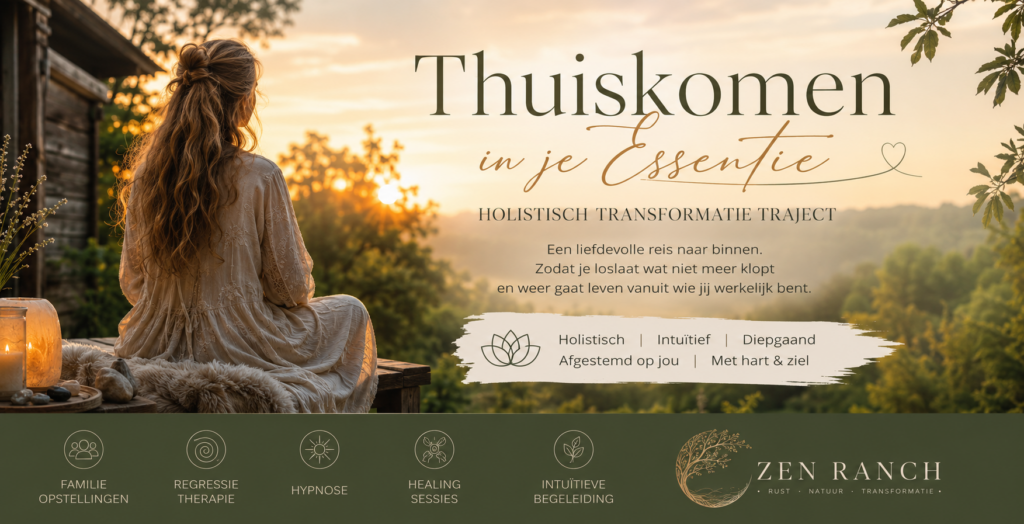 Vrouw zittend in meditatie aan het water tijdens zonsondergang met de tekst ‘Thuiskomen in je Essentie – Holistisch Transformatie Traject’ en symbolen voor familieopstellingen, regressietherapie, hypnose, healing en holistische therapie.